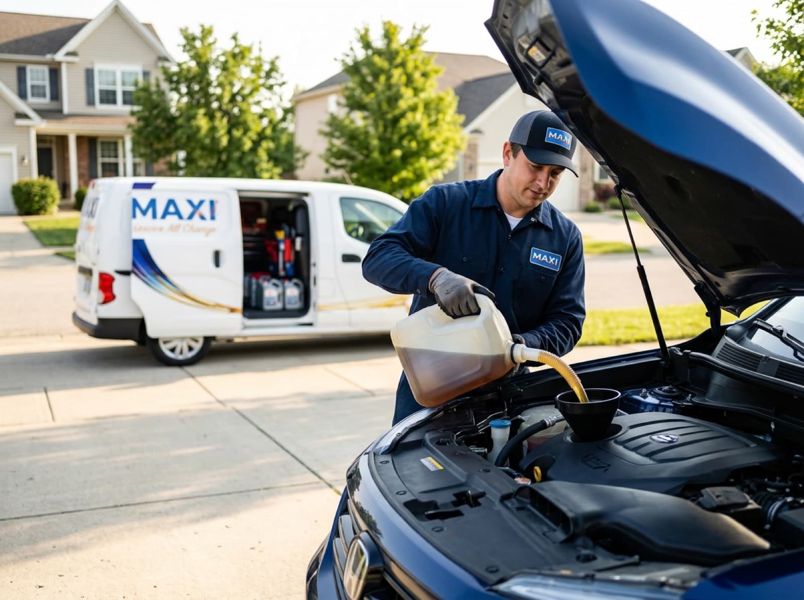 MAXI technician performing a full-synthetic oil change in a customer's driveway